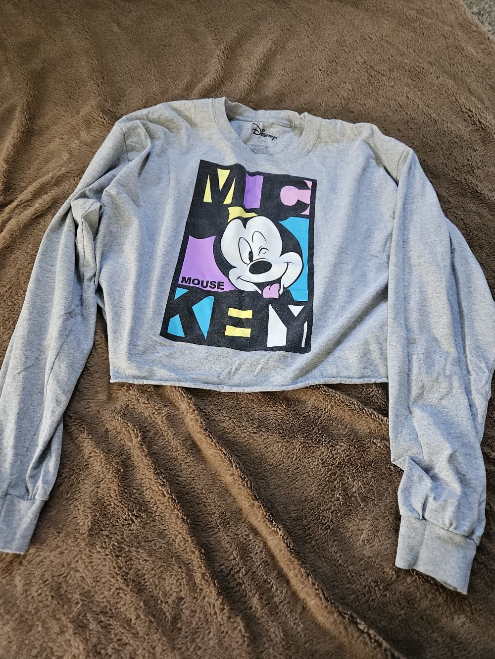 Disney Gray Cropped Sweatshirt with Colorblock Mickey Graphic Size Large